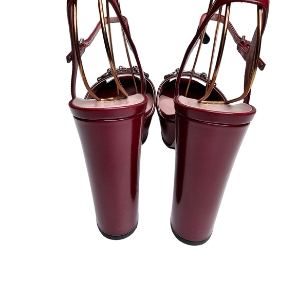 Gucci Claudie Burgundy Red Leather Size 38 Horsebit Platform Block Heel Sandals - Picture 5 of 14